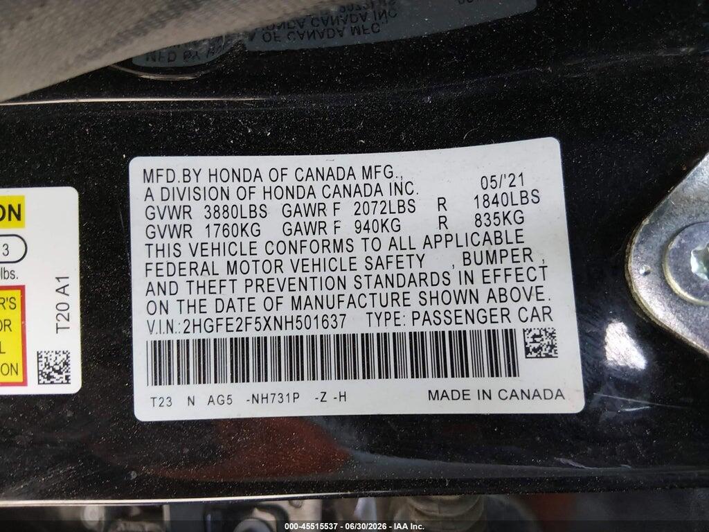 2HGFE2F5XNH501637 2022 HONDA CIVIC photo no. 9