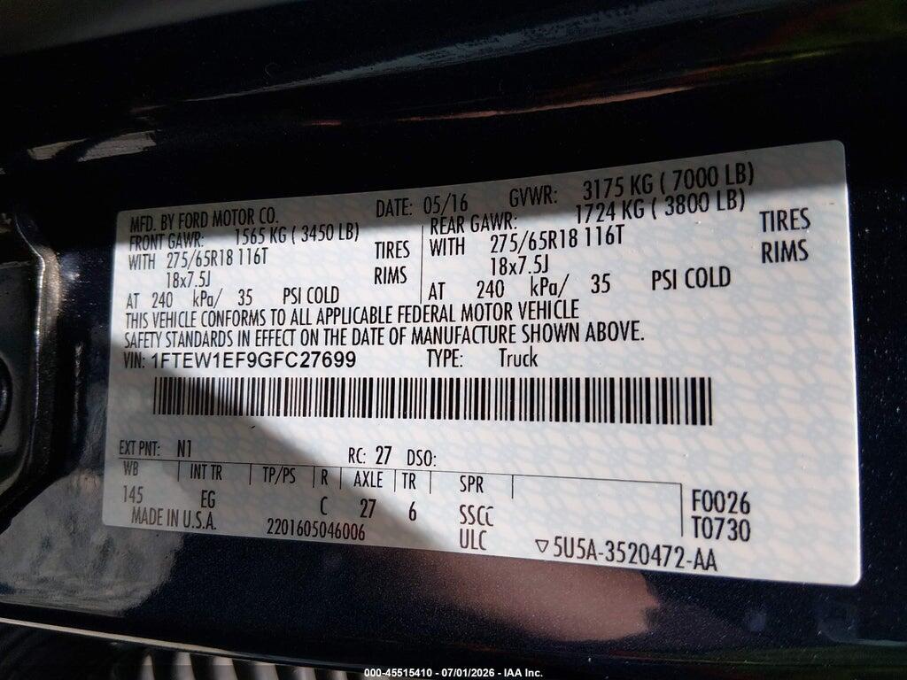 1FTEW1EF9GFC27699 2016 FORD F-150 photo no. 9