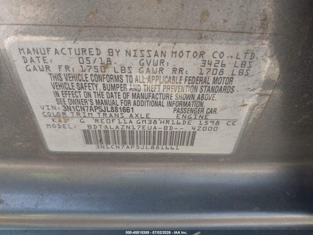 3N1CN7AP5JL881661 2018 NISSAN VERSA photo no. 9