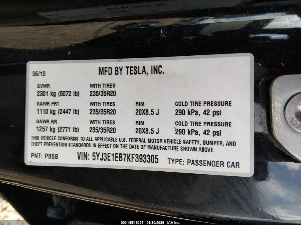 5YJ3E1EB7KF393305 2019 TESLA MODEL 3 photo no. 9