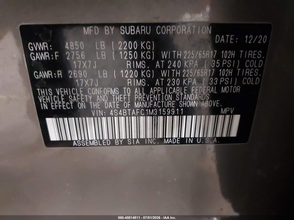 4S4BTAFC1M3159911 2021 SUBARU OUTBACK photo no. 9