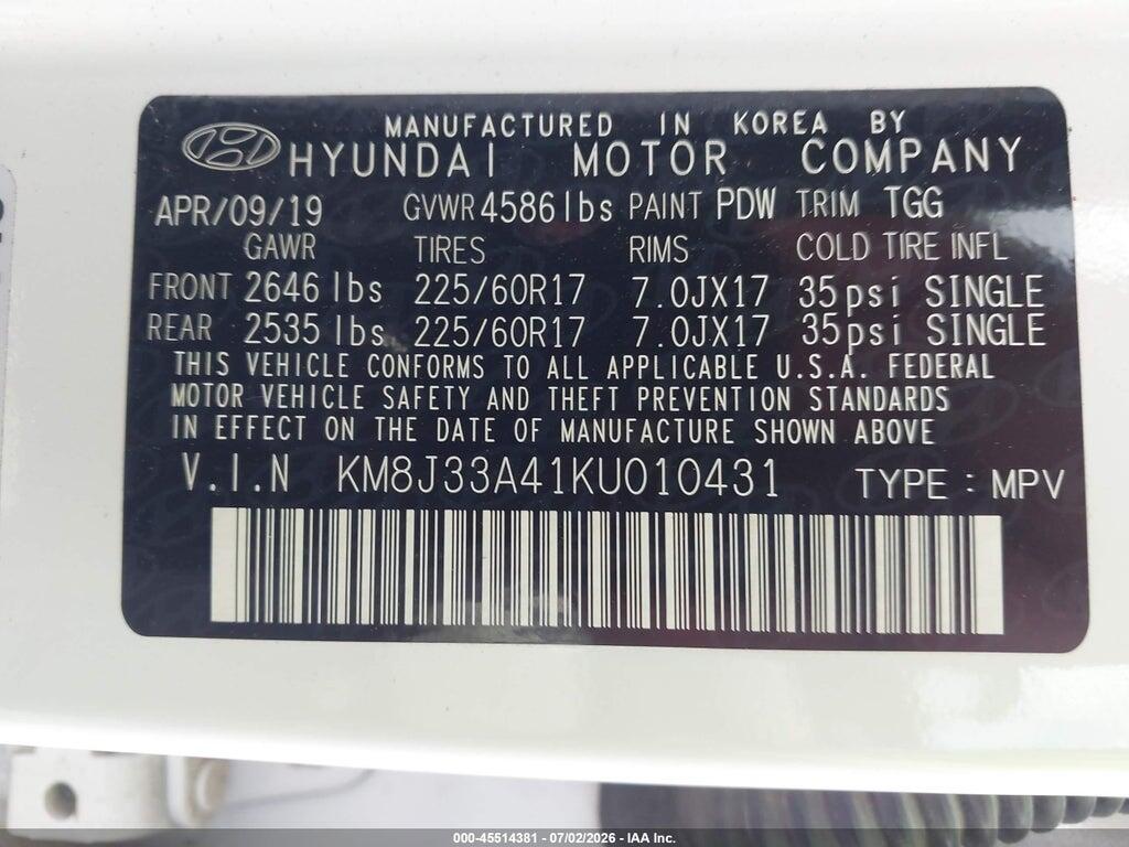 KM8J33A41KU010431 2019 HYUNDAI TUCSON photo no. 9