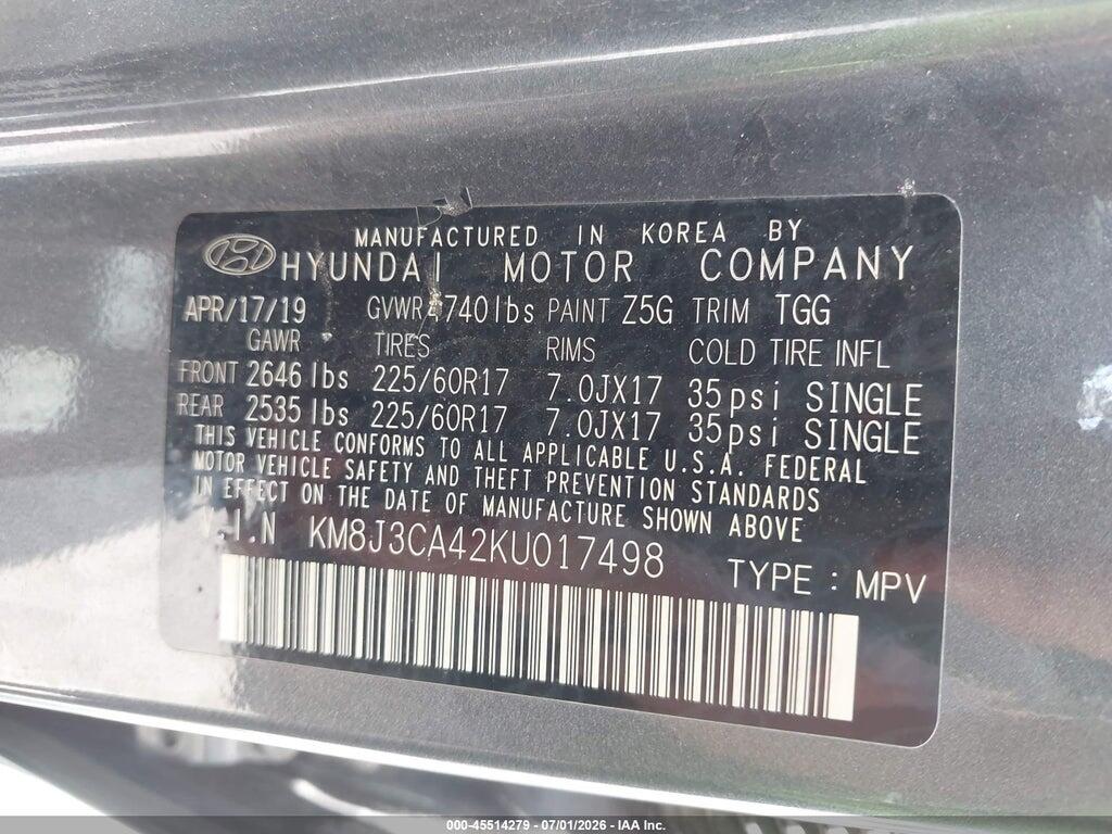 KM8J3CA42KU017498 2019 HYUNDAI TUCSON photo no. 9
