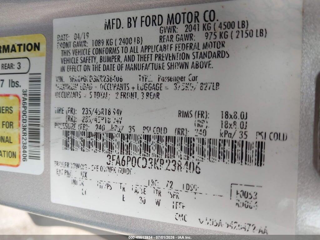 3FA6P0CD3KR238406 2019 FORD FUSION photo no. 9