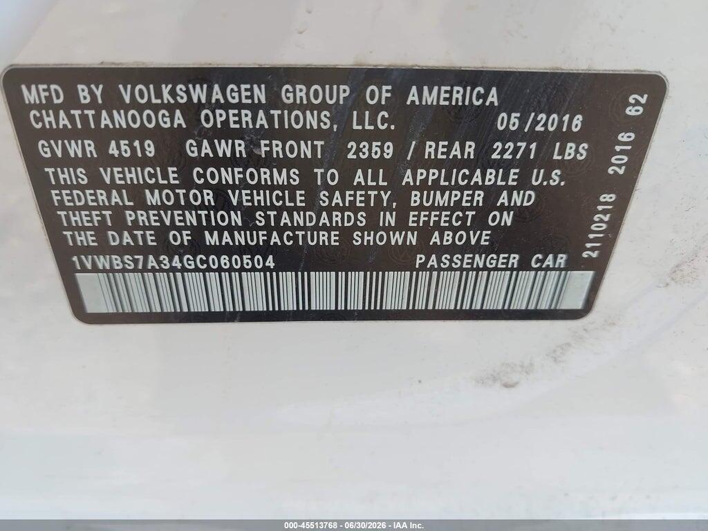 1VWBS7A34GC060504 2016 VOLKSWAGEN PASSAT photo no. 9
