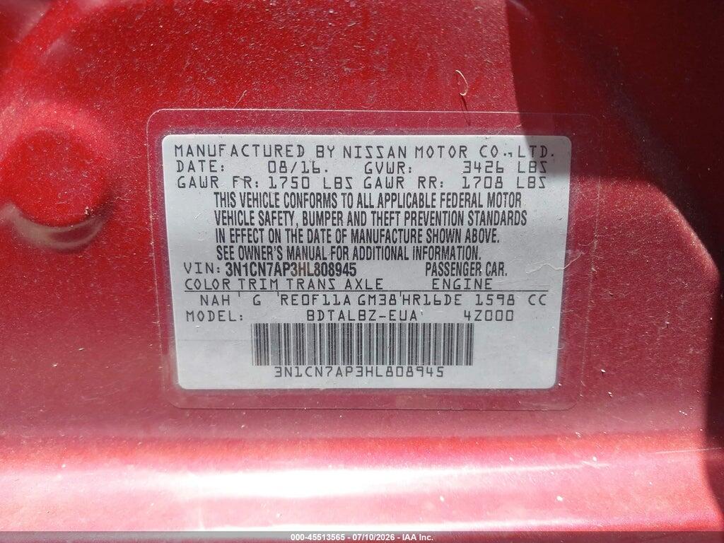 3N1CN7AP3HL808945 2017 NISSAN VERSA photo no. 9
