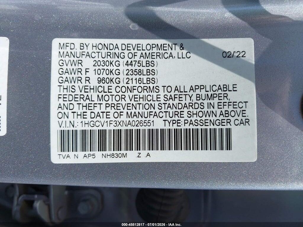 1HGCV1F3XNA026551 2022 HONDA ACCORD photo no. 9