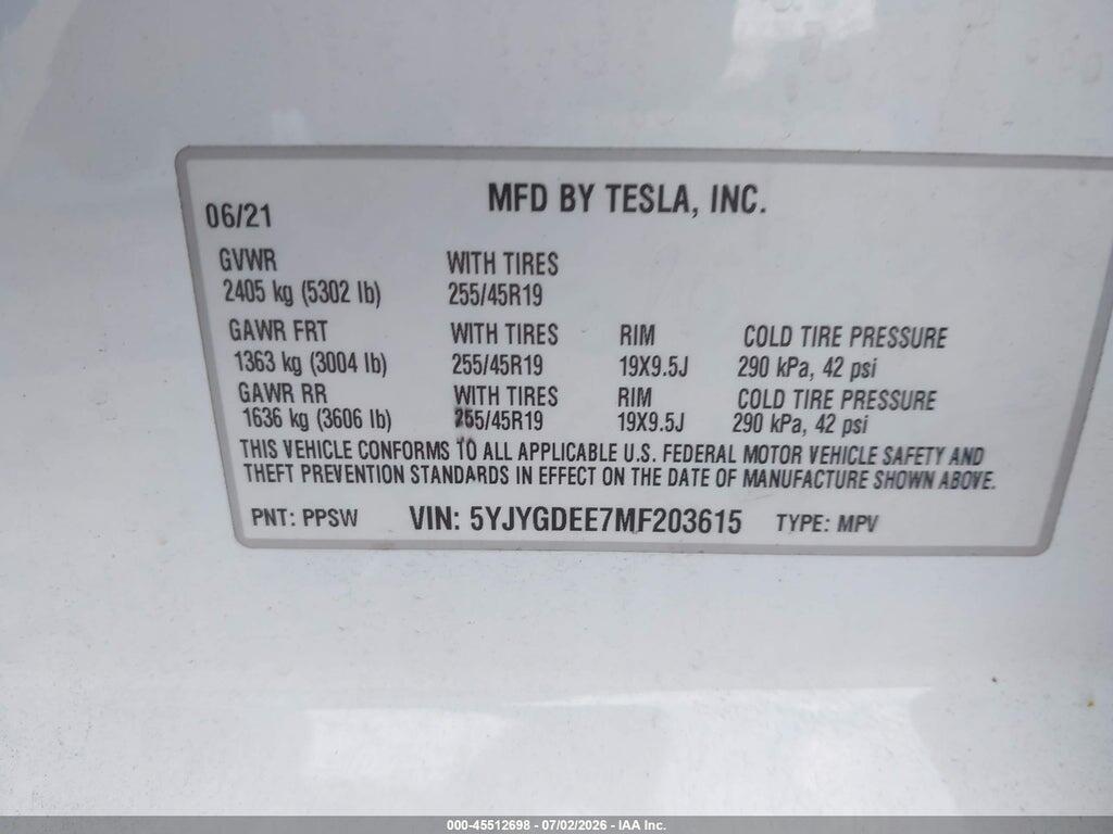 5YJYGDEE7MF203615 2021 TESLA MODEL Y photo no. 9