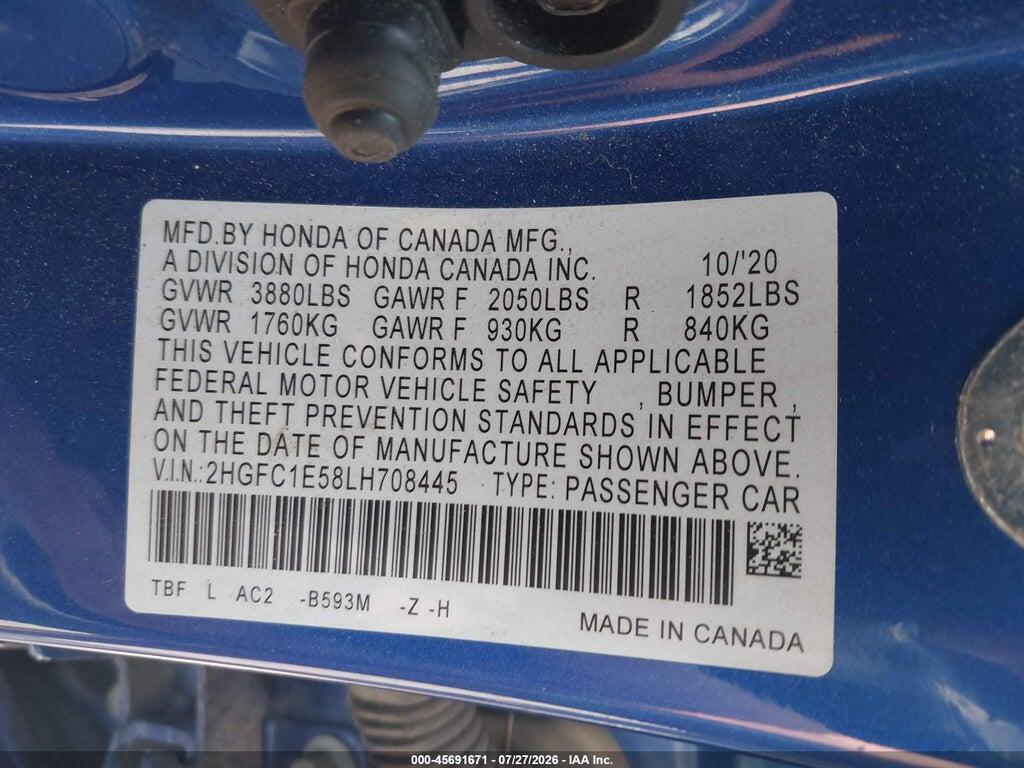 2HGFC1E58LH708445 2020 HONDA CIVIC SI photo no. 9