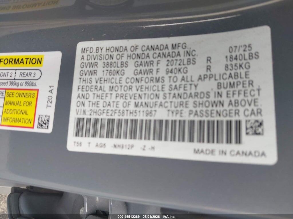 2HGFE2F58TH511967 2026 HONDA CIVIC photo no. 9