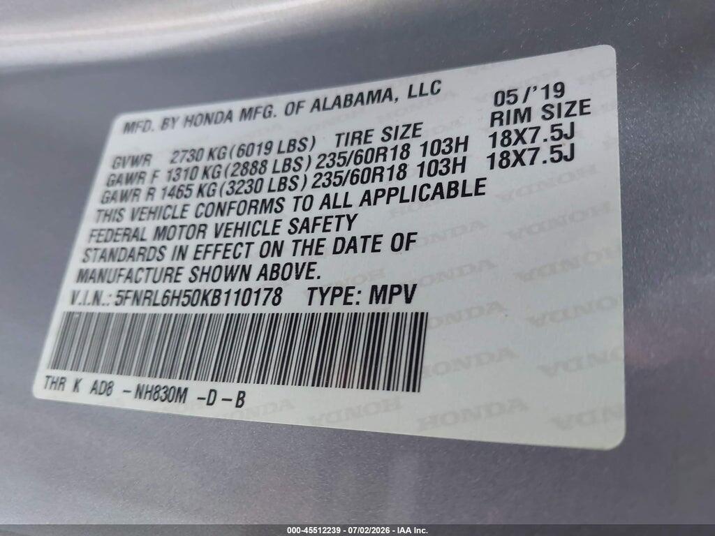 5FNRL6H50KB110178 2019 HONDA ODYSSEY photo no. 9