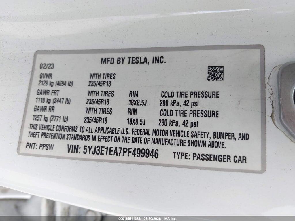 5YJ3E1EA7PF499946 2023 TESLA MODEL 3 photo no. 9