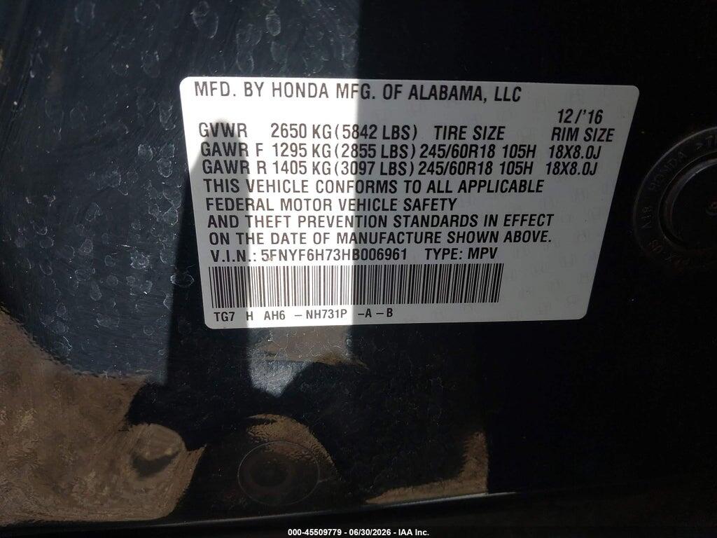 5FNYF6H73HB006961 2017 HONDA PILOT photo no. 9
