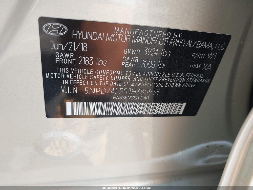 5NPD74LF0JH380935 2018 HYUNDAI ELANTRA photo no. 9