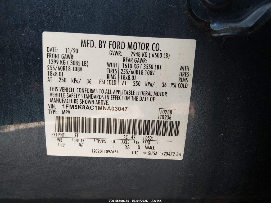 1FM5K8AC1MNA03047 2021 FORD POLICE INTERCEPTOR UTILITY photo no. 9