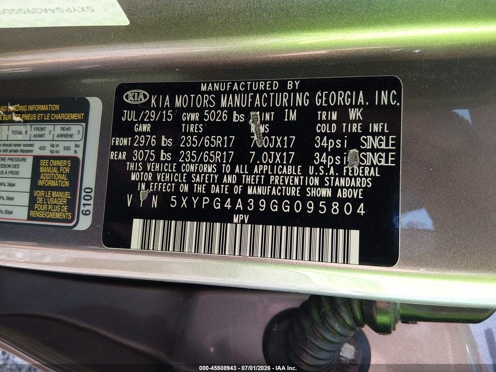 5XYPG4A39GG095804 2016 KIA SORENTO photo no. 9