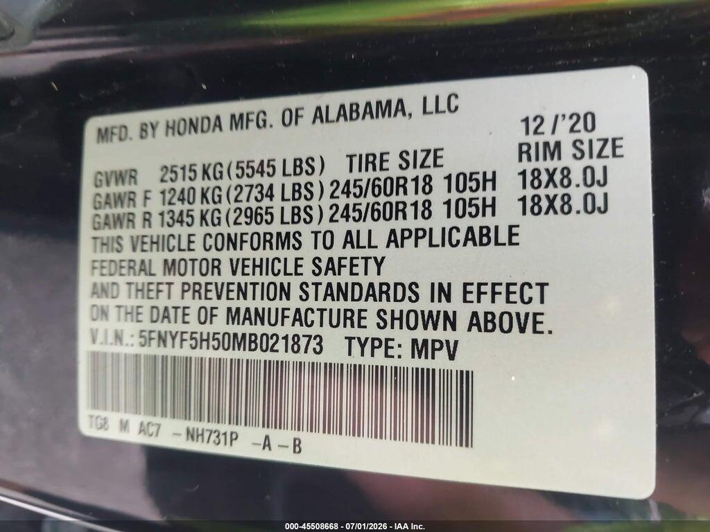 5FNYF5H50MB021873 2021 HONDA PILOT photo no. 9