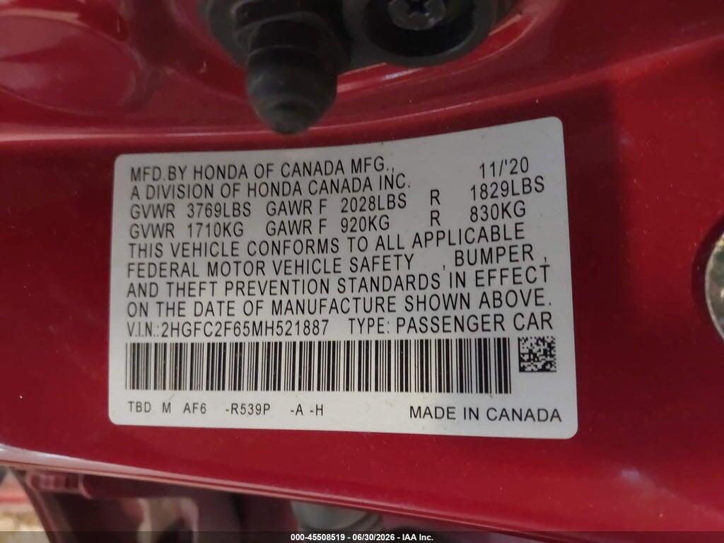 2HGFC2F65MH521887 2021 HONDA CIVIC photo no. 9