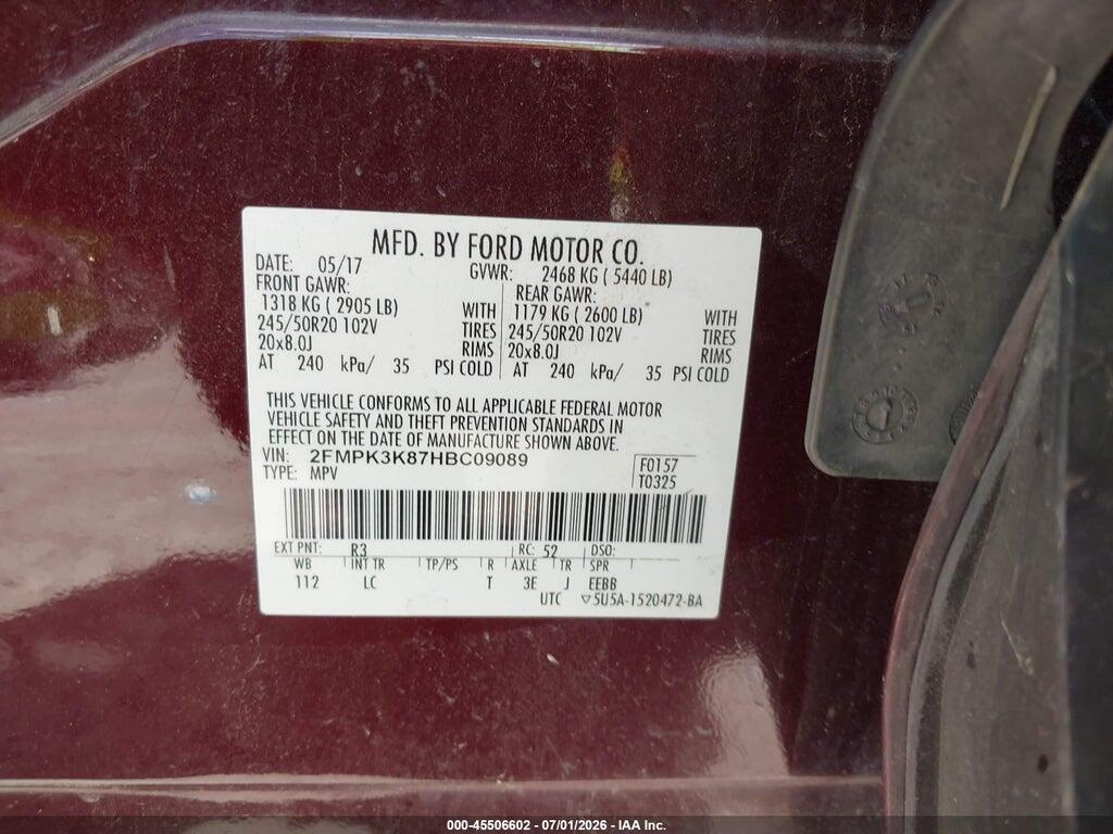 2FMPK3K87HBC09089 2017 FORD EDGE photo no. 9