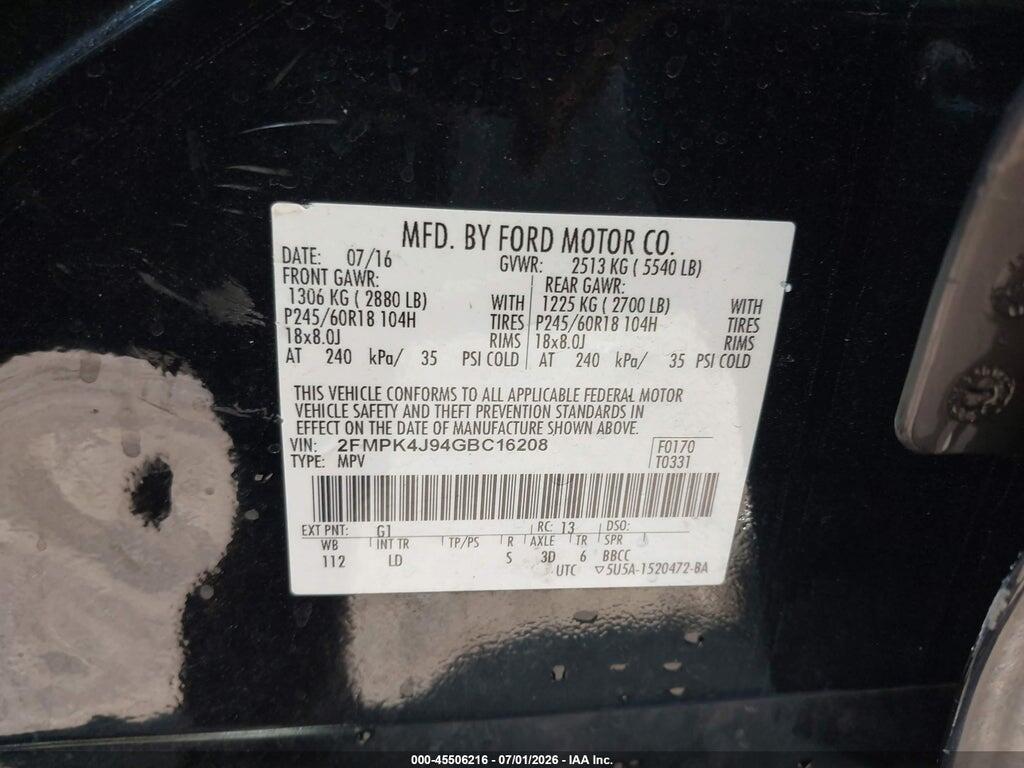 2FMPK4J94GBC16208 2016 FORD EDGE photo no. 9