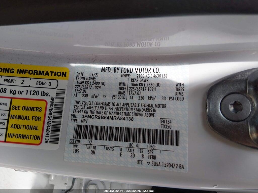 3FMCR9B64MRA84138 2021 FORD BRONCO SPORT photo no. 9