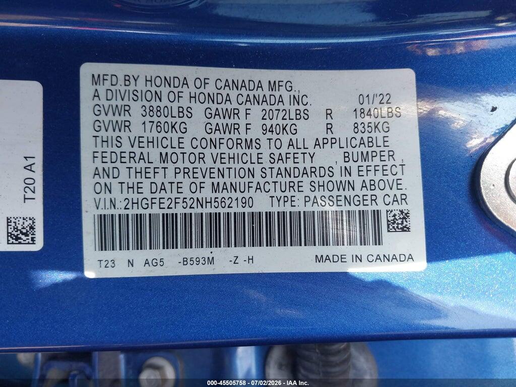 2HGFE2F52NH562190 2022 HONDA CIVIC photo no. 9