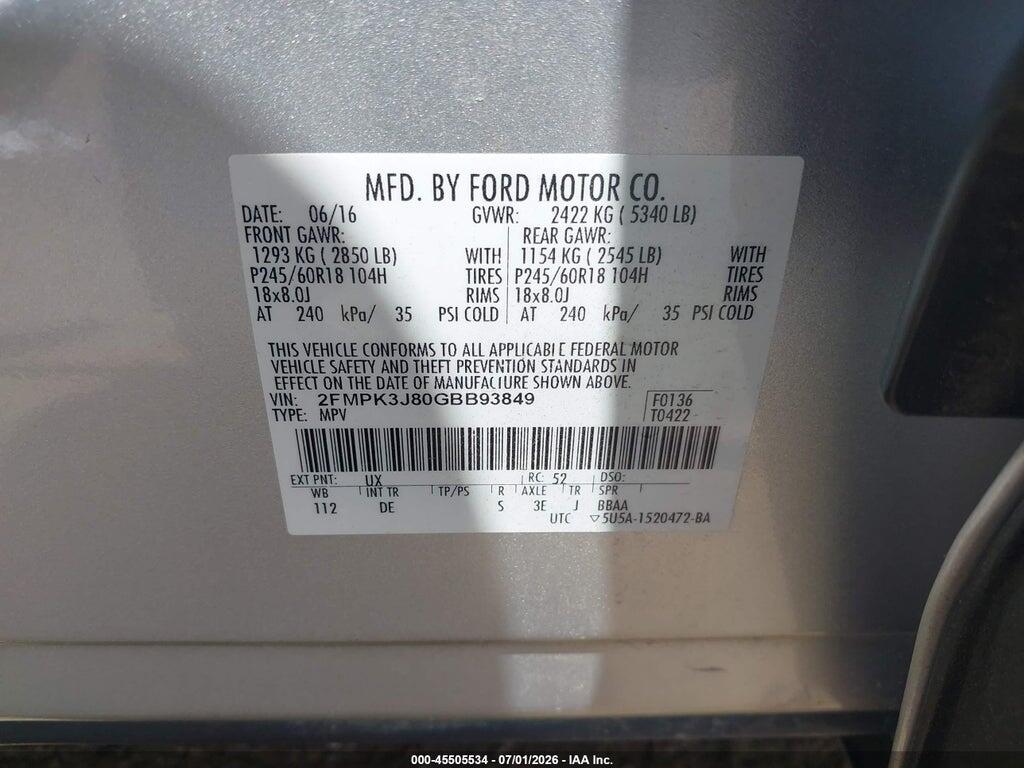 2FMPK3J80GBB93849 2016 FORD EDGE photo no. 9