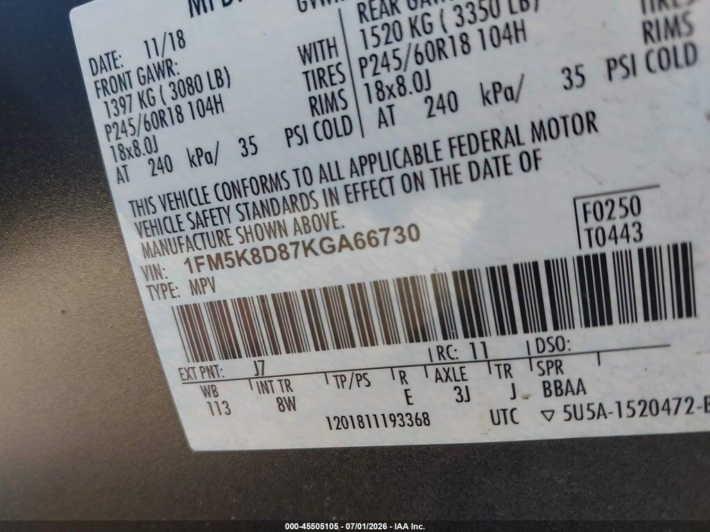 1FM5K8D87KGA66730 2019 FORD EXPLORER photo no. 9