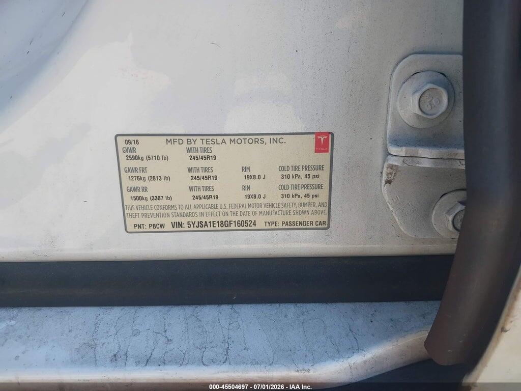 5YJSA1E18GF160524 2016 TESLA MODEL S photo no. 9