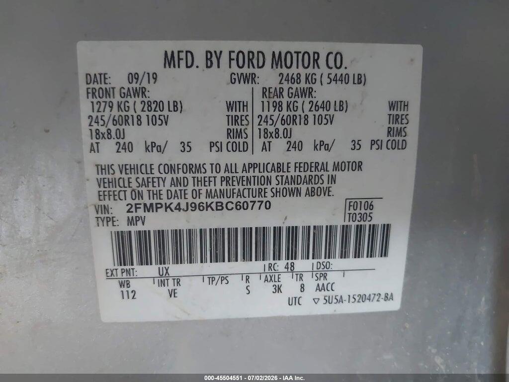 2FMPK4J96KBC60770 2019 FORD EDGE photo no. 9