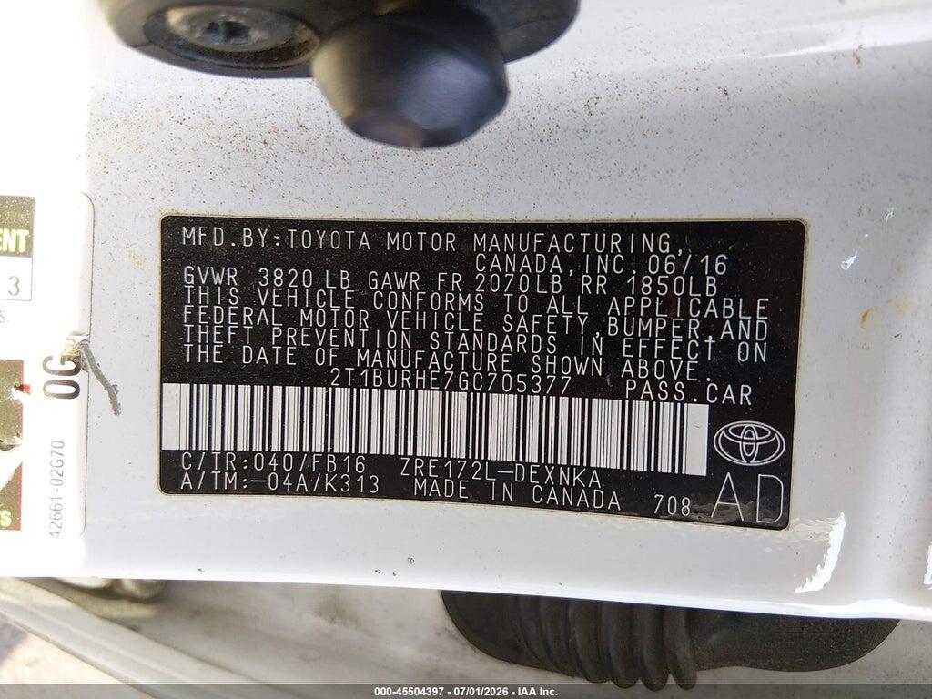 2T1BURHE7GC705377 2016 TOYOTA COROLLA photo no. 9