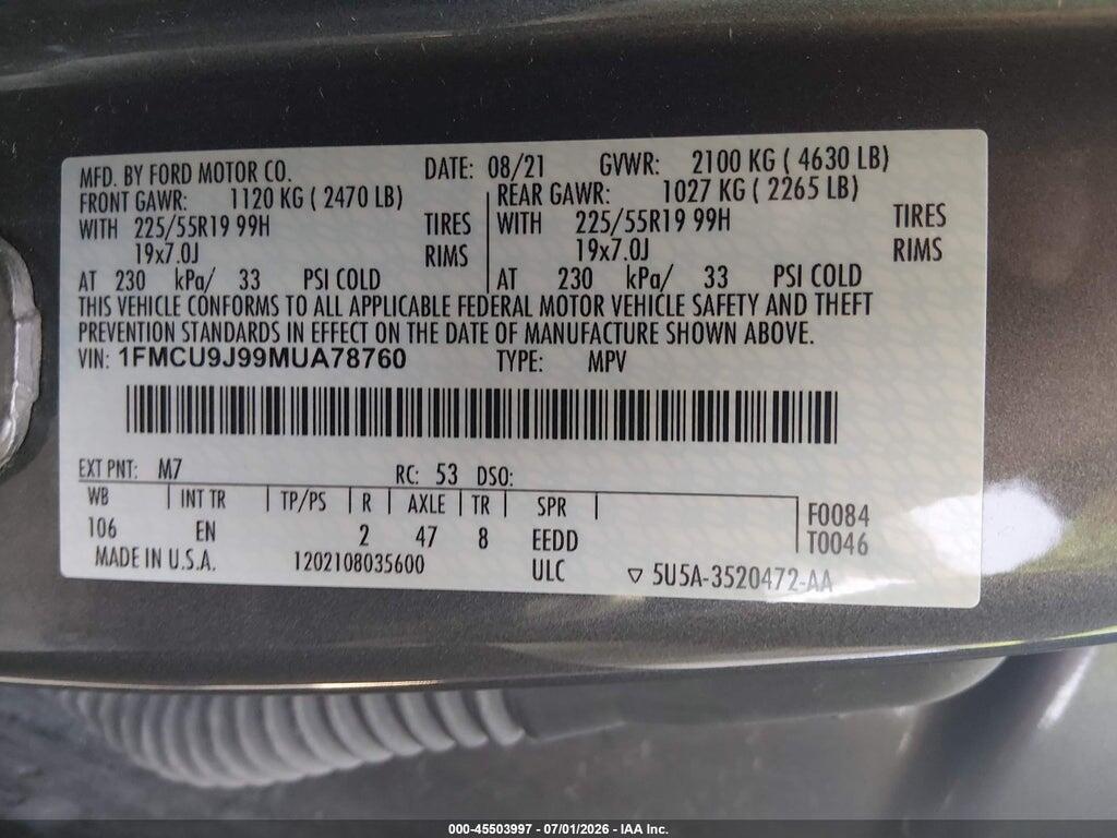 1FMCU9J99MUA78760 2021 FORD ESCAPE photo no. 9