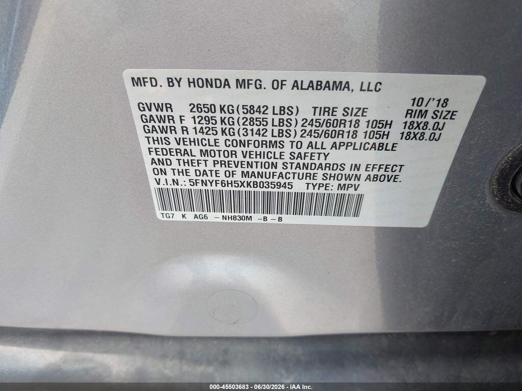 5FNYF6H5XKB035945 2019 HONDA PILOT photo no. 9