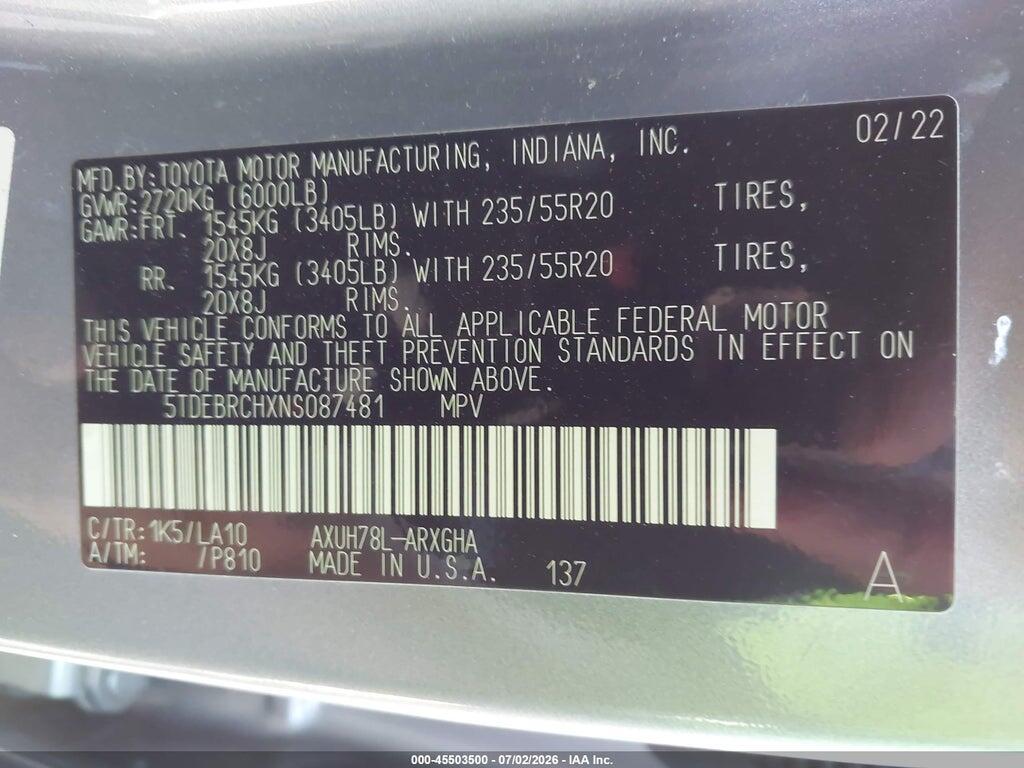5TDEBRCHXNS087481 2022 TOYOTA HIGHLANDER photo no. 9