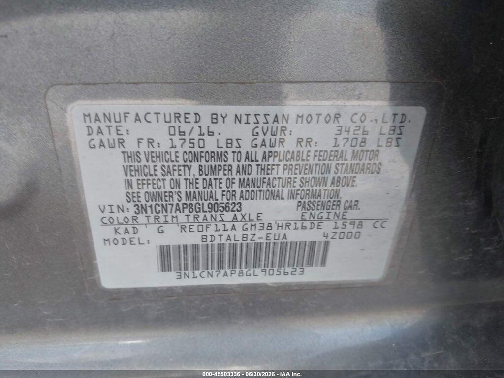 3N1CN7AP8GL905623 2016 NISSAN VERSA photo no. 9