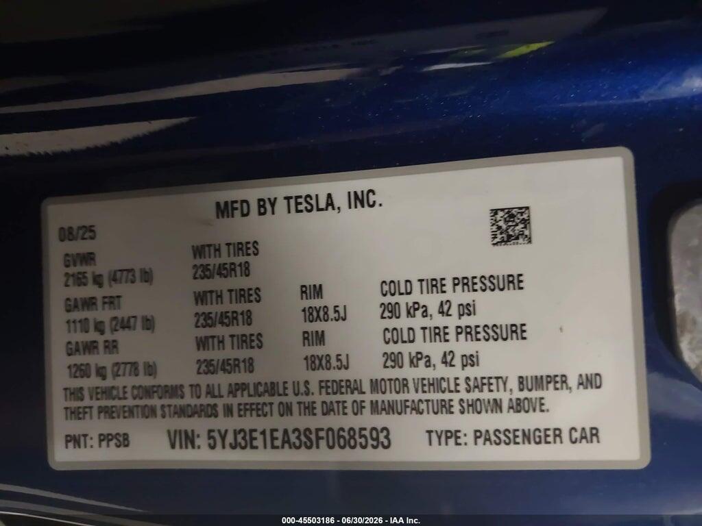 5YJ3E1EA3SF068593 2025 TESLA MODEL 3 photo no. 9