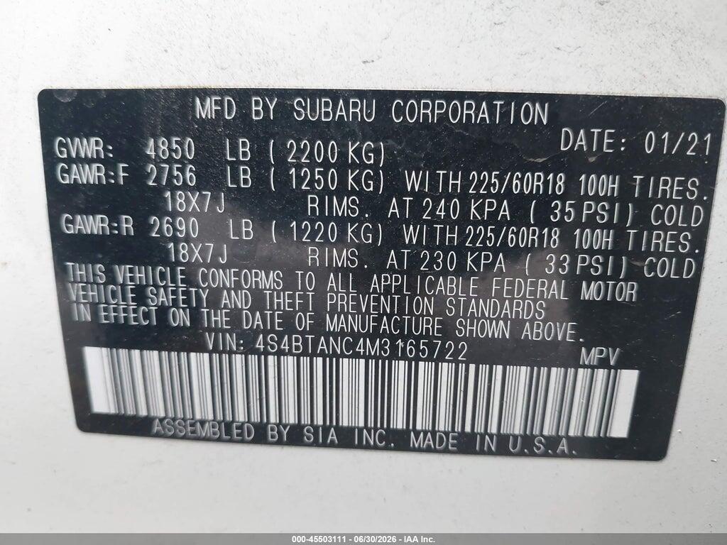 4S4BTANC4M3165722 2021 SUBARU OUTBACK photo no. 9