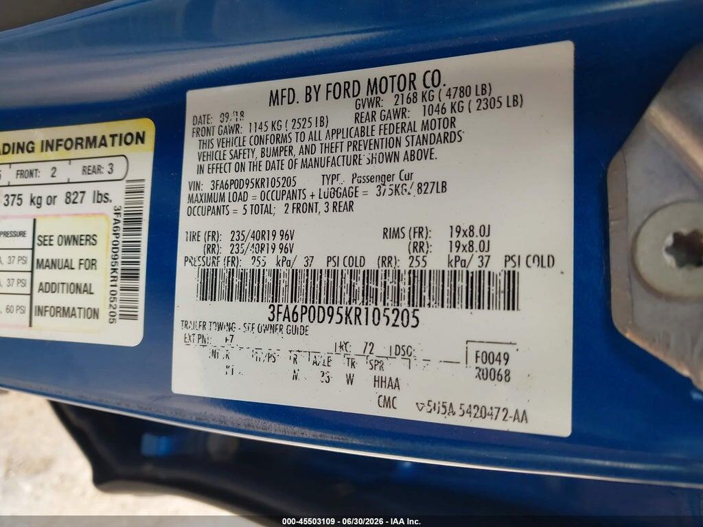 3FA6P0D95KR105205 2019 FORD FUSION photo no. 9