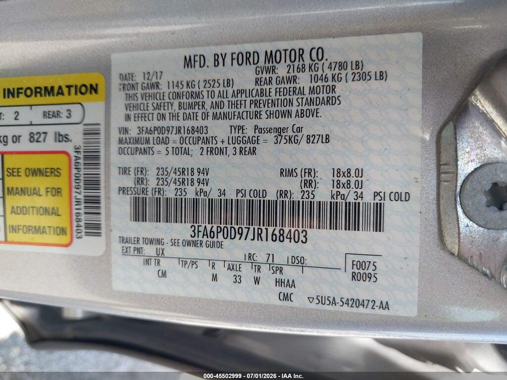 3FA6P0D97JR168403 2018 FORD FUSION photo no. 9
