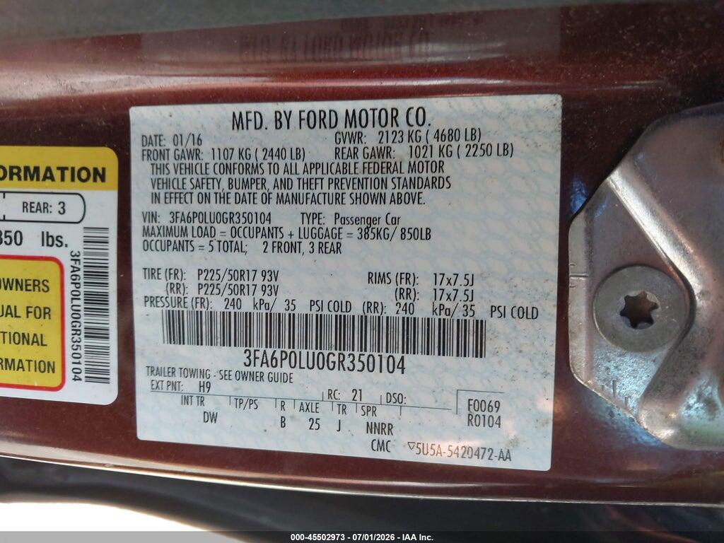 3FA6P0LU0GR350104 2016 FORD FUSION HYBRID photo no. 9