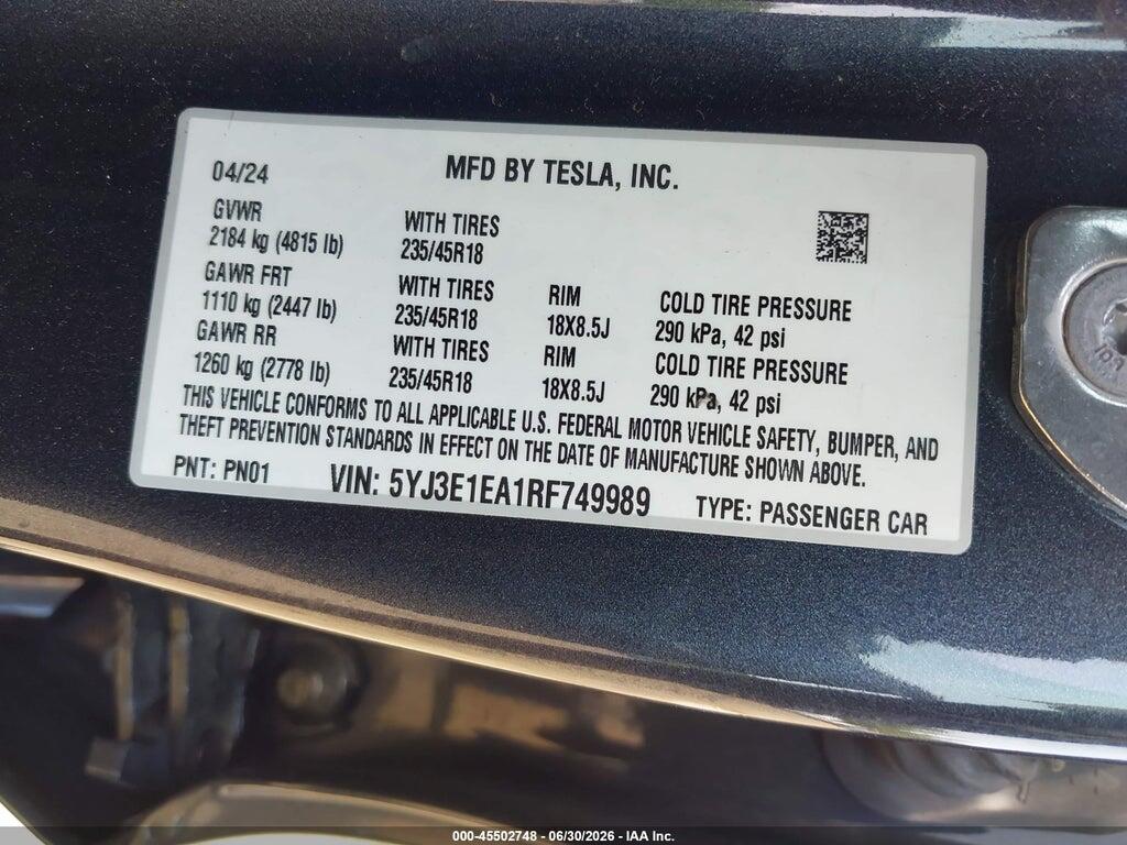 5YJ3E1EA1RF749989 2024 TESLA MODEL 3 photo no. 9