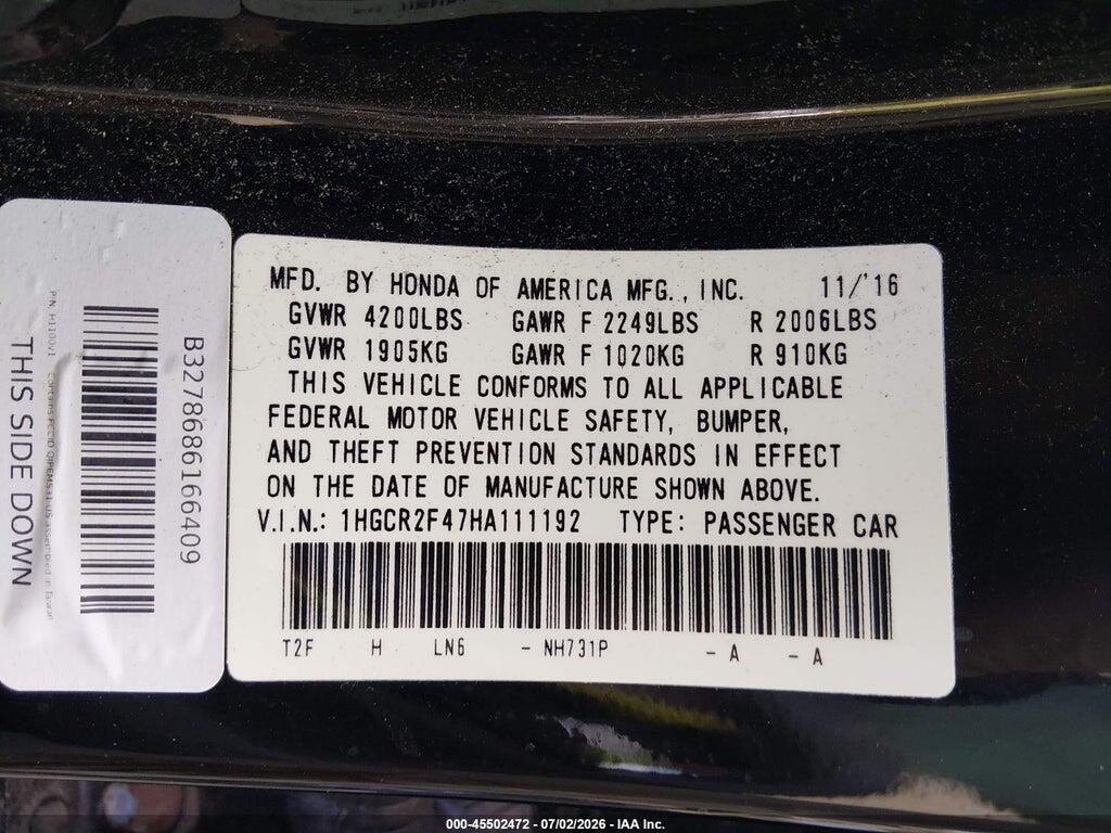 1HGCR2F47HA111192 2017 HONDA ACCORD photo no. 9