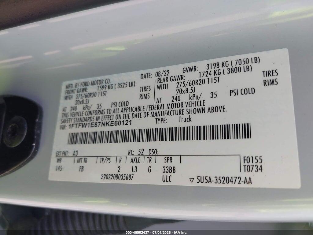 1FTFW1E87NKE60121 2022 FORD F-150 photo no. 9
