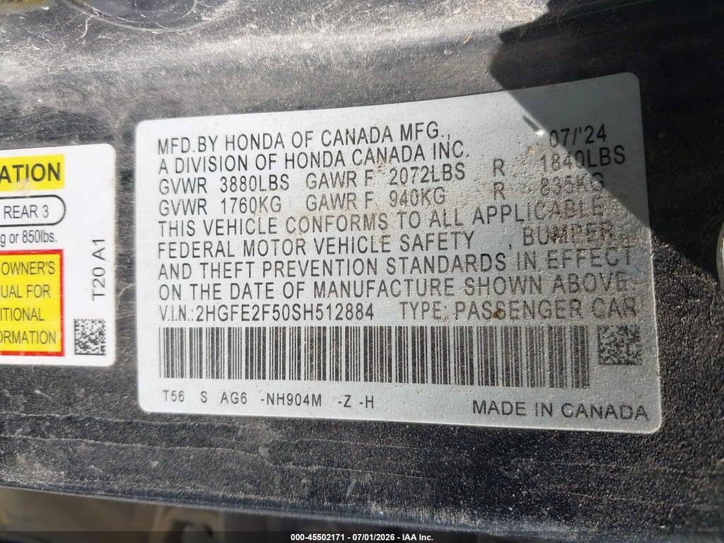 2HGFE2F50SH512884 2025 HONDA CIVIC photo no. 9