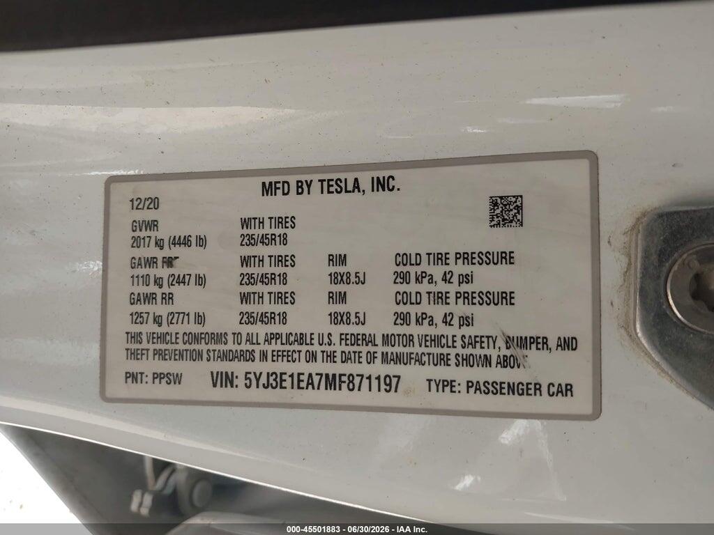5YJ3E1EA7MF871197 2021 TESLA MODEL 3 photo no. 9