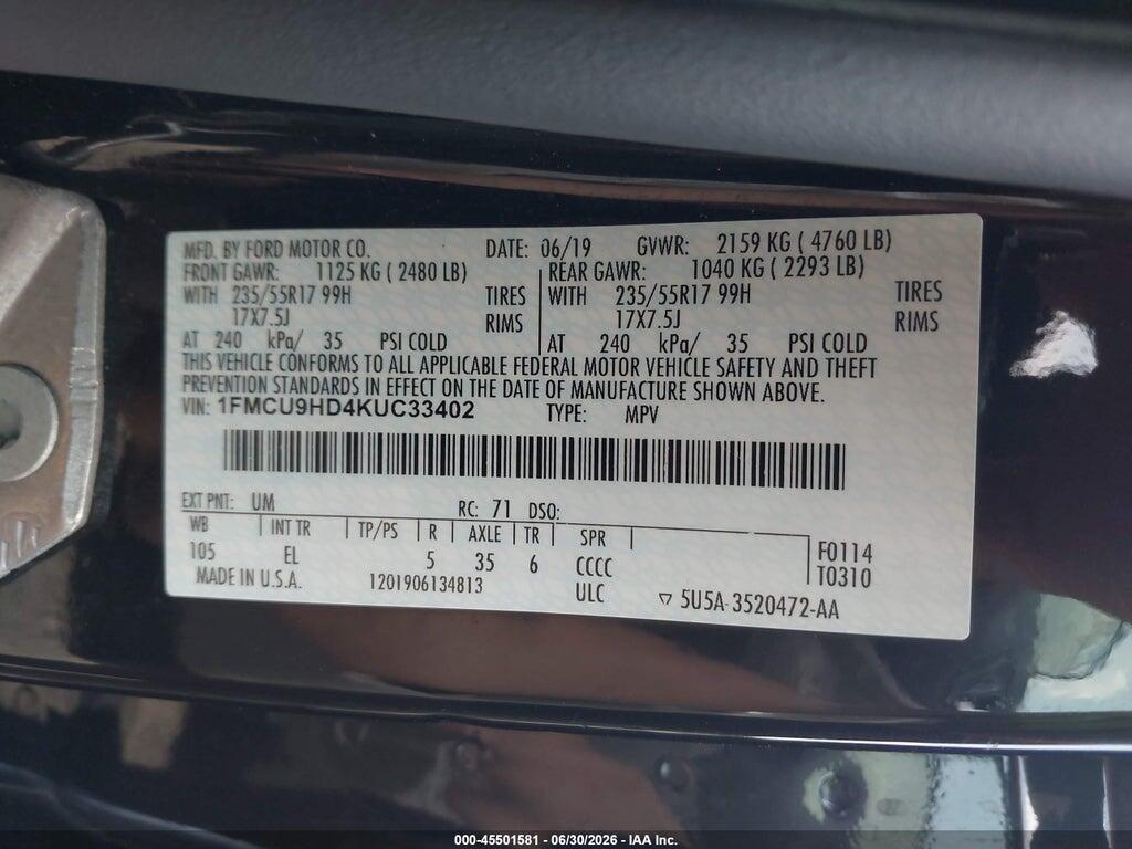 1FMCU9HD4KUC33402 2019 FORD ESCAPE photo no. 9