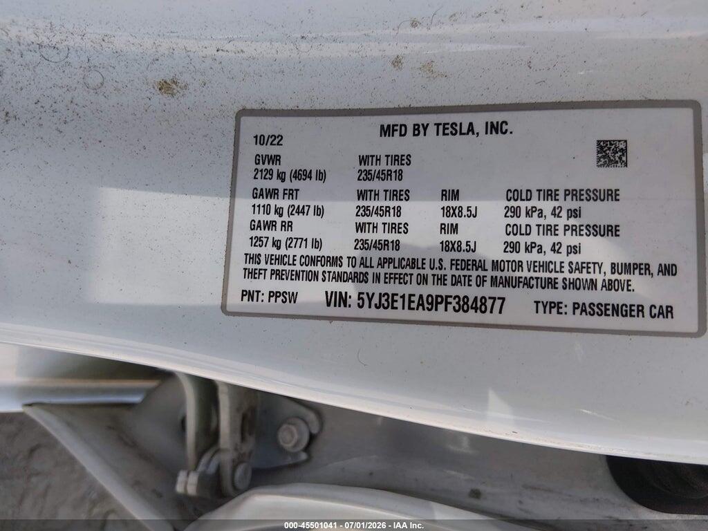 5YJ3E1EA9PF384877 2023 TESLA MODEL 3 photo no. 9