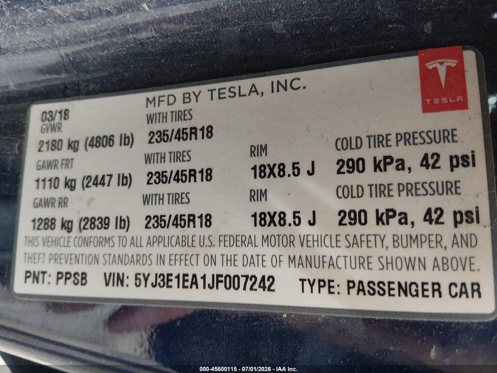 5YJ3E1EA1JF007242 2018 TESLA MODEL 3 photo no. 9