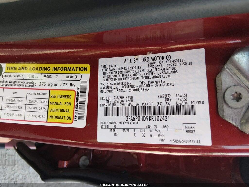 3FA6P0HD9KR102421 2019 FORD FUSION photo no. 9