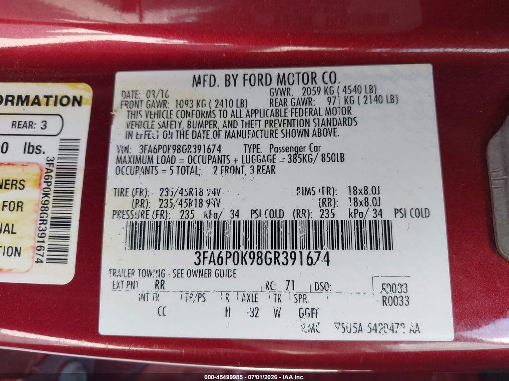 3FA6P0K98GR391674 2016 FORD FUSION photo no. 9